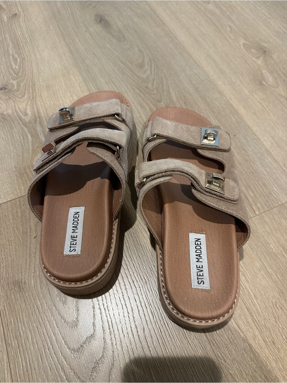 Steve Madden Taupe Suede Double-Buckle Slide Sandals